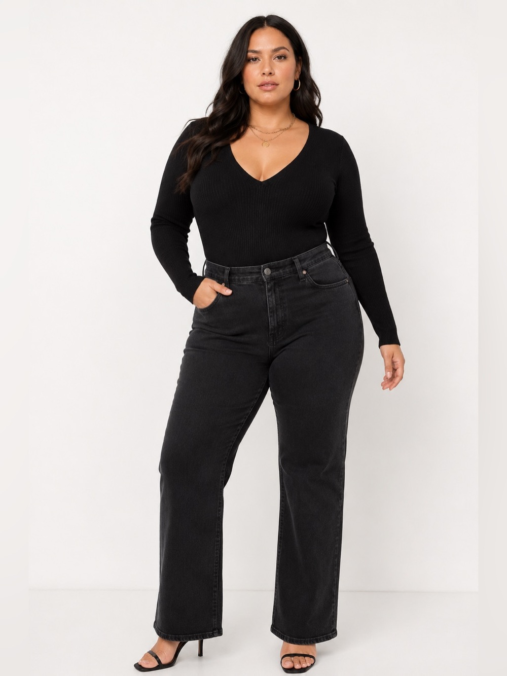 House of Harlow 1960 Black Ribbed V-Neck Long Sleeve Bodysuit Top XL